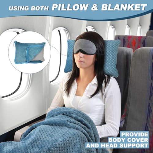 Nenolix Travel Blanket Airplane Compact with Bag, Travel Essentials 3 in 1 Packable Airplane Blanket, Travel Pillow and Blanket Set, Inflatable Pillow, Luggage Sleeve & Backpack Clip (Slate Blue) - Image 2