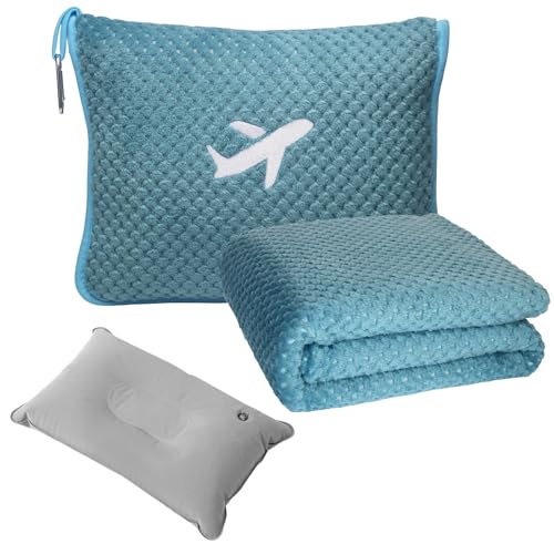 Nenolix Travel Blanket Airplane Compact with Bag, Travel Essentials 3 in 1 Packable Airplane Blanket, Travel Pillow and Blanket Set, Inflatable Pillow, Luggage Sleeve & Backpack Clip (Slate Blue) - Image 1