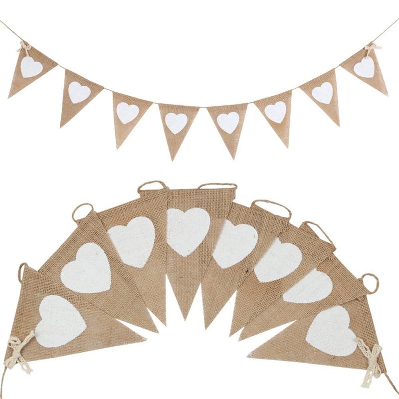 MANGO Hessian Bunting Heart Vintage Rustic Burlap Banner Fabric Cloth Flags Pennant Banner Natural Hessian Garlands for Garden Party Birthday Wedding Nursery Children Bedroom Decoration 3M - Image 1
