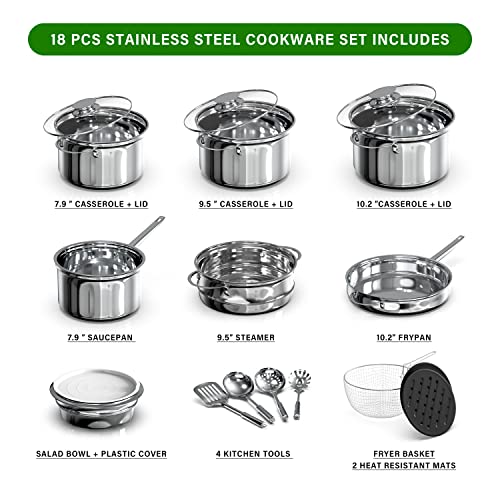 YSSOA 18-Piece Stainless Steel Kitchen Cookware Set, Including Saucepan, Casseroles with Tempered Glass Lid, Frypan, Steamer, Salad Bowl , Fryer Basket, Heat Resistant Mat & Utensils Set, Silver - Image 2