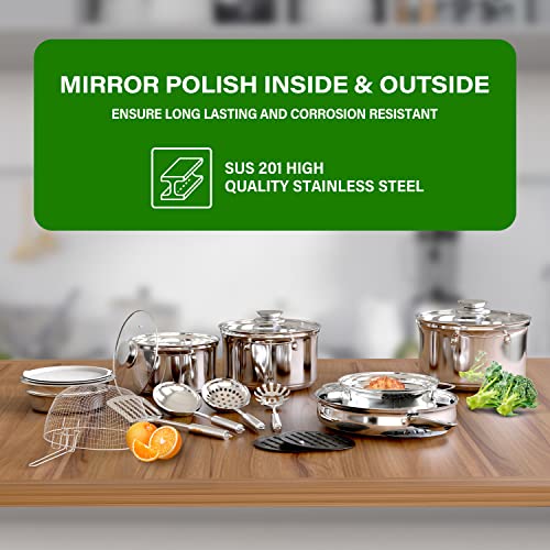 YSSOA 18-Piece Stainless Steel Kitchen Cookware Set, Including Saucepan, Casseroles with Tempered Glass Lid, Frypan, Steamer, Salad Bowl , Fryer Basket, Heat Resistant Mat & Utensils Set, Silver - Image 5