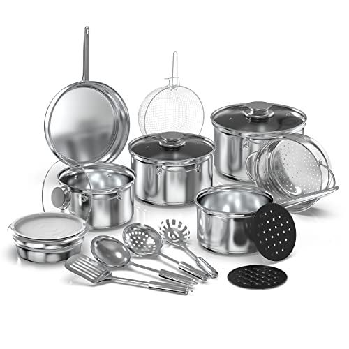 YSSOA 18-Piece Stainless Steel Kitchen Cookware Set, Including Saucepan, Casseroles with Tempered Glass Lid, Frypan, Steamer, Salad Bowl , Fryer Basket, Heat Resistant Mat & Utensils Set, Silver - Image 1