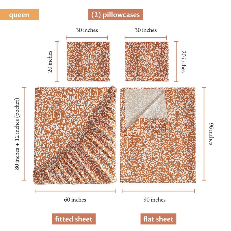 Indigo Ink - Queen Size Sheet Set, 4-Piece Boho Floral Damask Patterned Bedding, Soft & Wrinkle Resistant (Tufted Medallion Collection, Gold) - Image 4