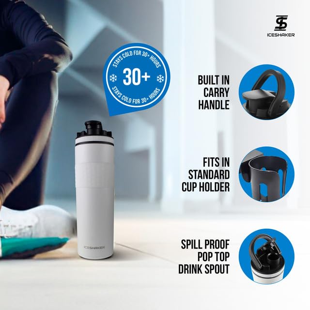 Ice Shaker زجاجة هزازة معزولة من الفولاذ المقاوم للصدأ | 20 أونصة، بيضاء | باردة لمدة 24+ ساعة | كوب معزول مع محرك دوار | زجاجة خالية من الروائح لخلطات البروتين، الماء، العصائر، الكوكتيلات - Image 3