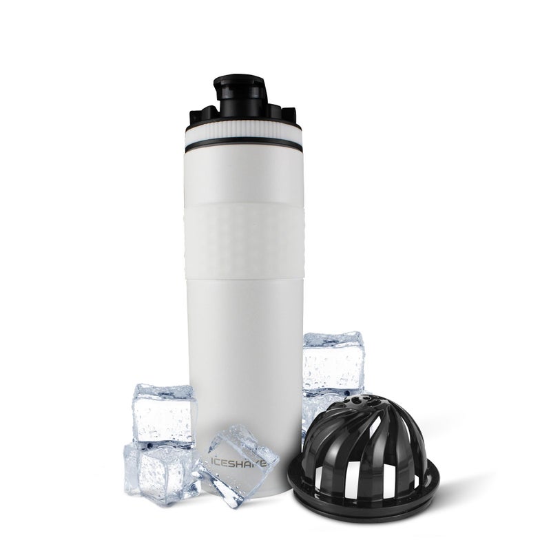 Ice Shaker زجاجة هزازة معزولة من الفولاذ المقاوم للصدأ | 20 أونصة، بيضاء | باردة لمدة 24+ ساعة | كوب معزول مع محرك دوار | زجاجة خالية من الروائح لخلطات البروتين، الماء، العصائر، الكوكتيلات - Image 1