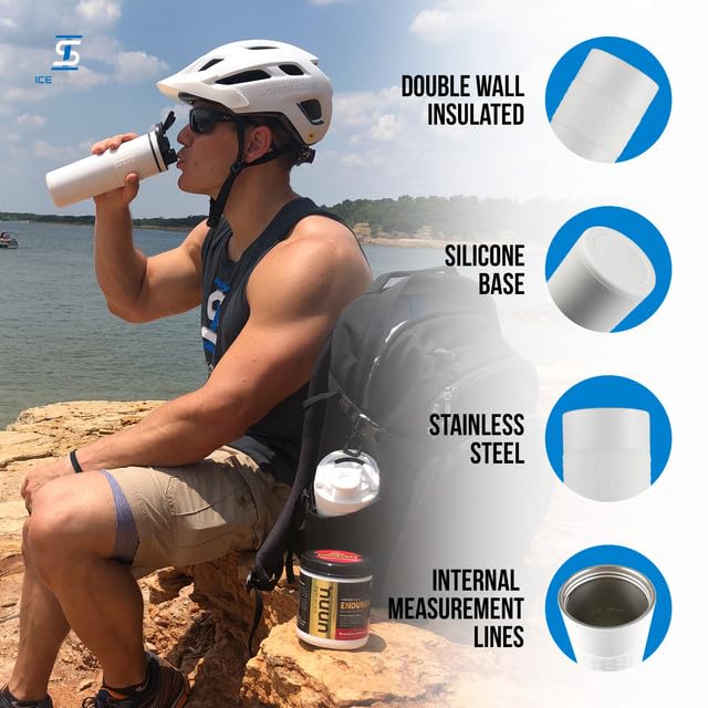 Ice Shaker زجاجة هزازة معزولة من الفولاذ المقاوم للصدأ | 20 أونصة، بيضاء | باردة لمدة 24+ ساعة | كوب معزول مع محرك دوار | زجاجة خالية من الروائح لخلطات البروتين، الماء، العصائر، الكوكتيلات - Image 2