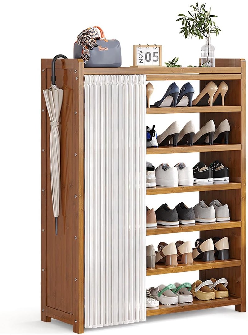 AOHRYME 7-Tier Shoes Rack Organizer Natural Bamboo - Freestanding Shoe Rack Cabinet, Shoe Storage Organizer Bamboo With Dustproof Cover, Freestanding Shoes Rack Suitable For Entrances, Living Rooms (Wood) - Image 1