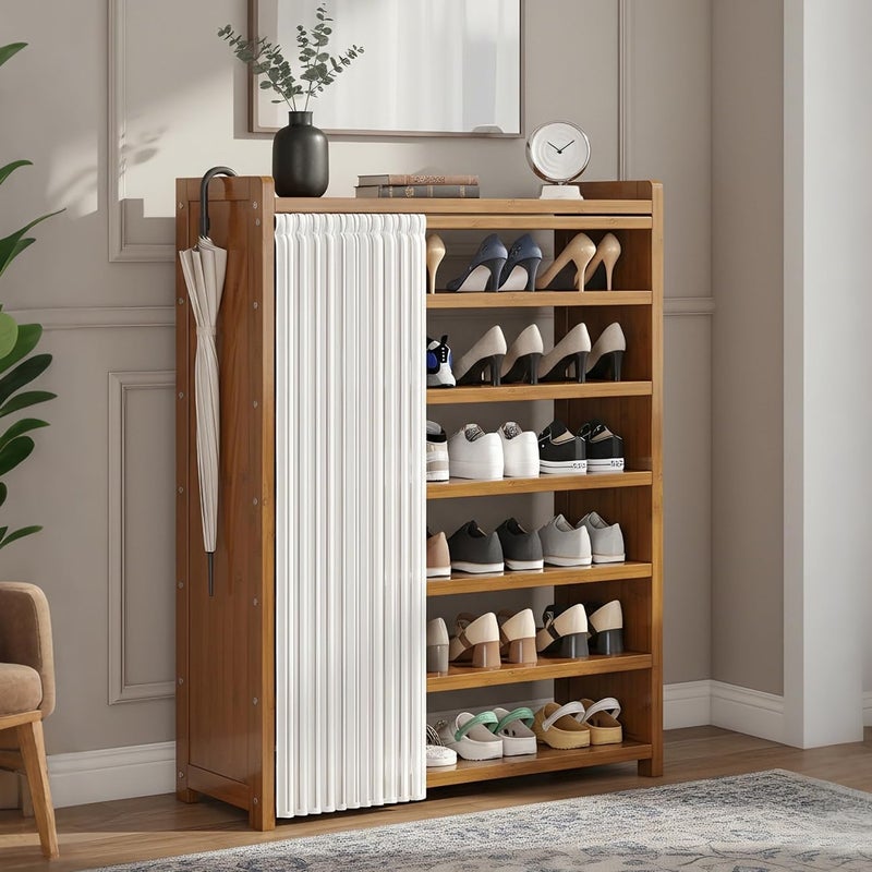 AOHRYME 7-Tier Shoes Rack Organizer Natural Bamboo - Freestanding Shoe Rack Cabinet, Shoe Storage Organizer Bamboo With Dustproof Cover, Freestanding Shoes Rack Suitable For Entrances, Living Rooms (Wood) - Image 3