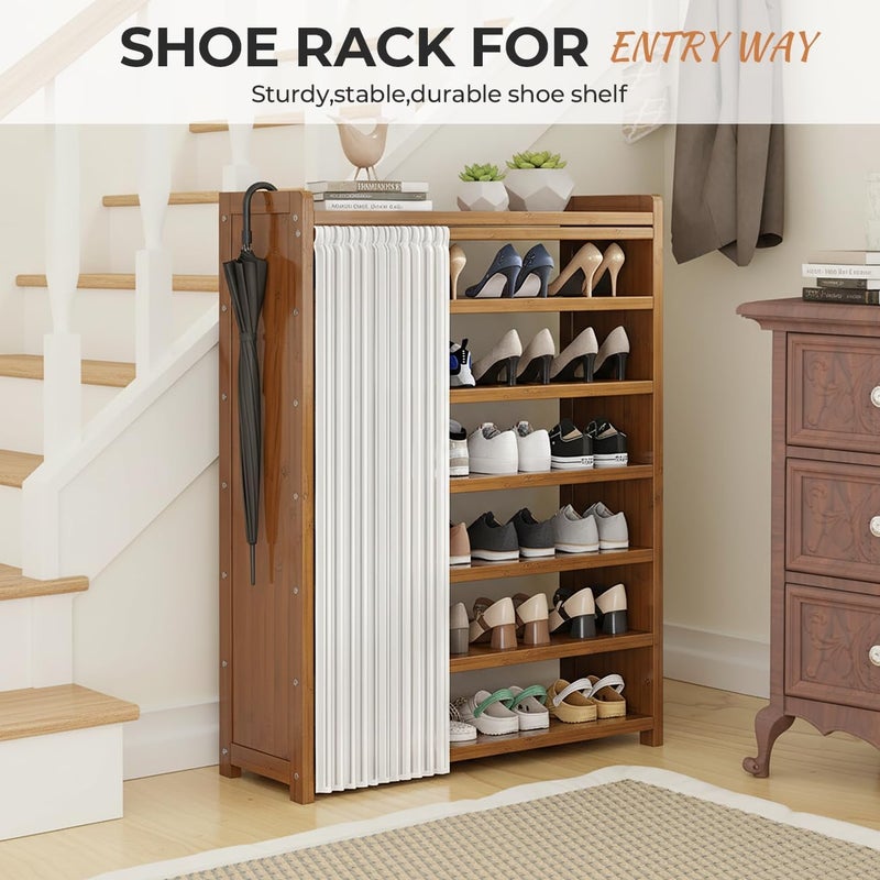 AOHRYME 7-Tier Shoes Rack Organizer Natural Bamboo - Freestanding Shoe Rack Cabinet, Shoe Storage Organizer Bamboo With Dustproof Cover, Freestanding Shoes Rack Suitable For Entrances, Living Rooms (Wood) - Image 4