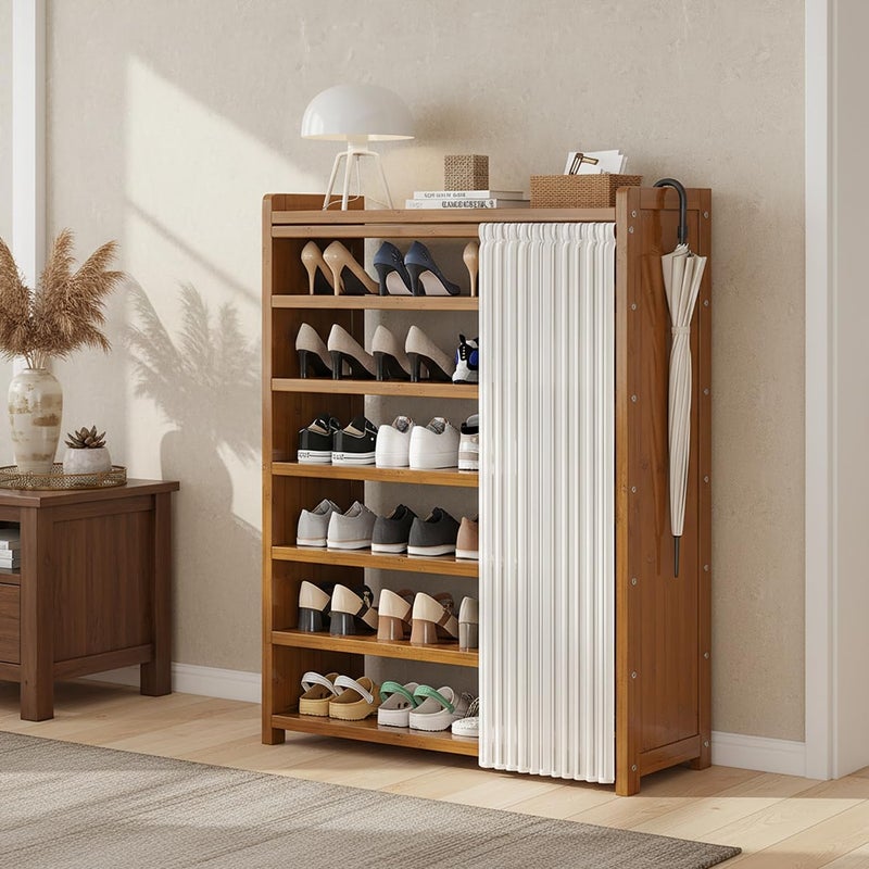 AOHRYME 7-Tier Shoes Rack Organizer Natural Bamboo - Freestanding Shoe Rack Cabinet, Shoe Storage Organizer Bamboo With Dustproof Cover, Freestanding Shoes Rack Suitable For Entrances, Living Rooms (Wood) - Image 2