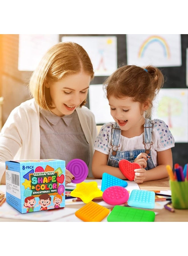 Shape Learning Sensory Toys for Toddlers - Textured Stress Relief Sensory Toys for Autistic Children, Pull and Stretch Tactile Toy, Calming Autism Toys for Boys and Girls Preschool Kids (8Pack)
