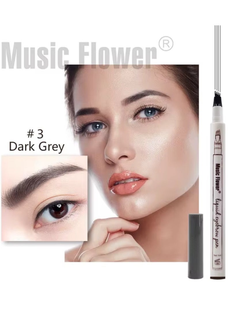 Music Flower Liquid Eyebrow Pen Eyebrow Pencil Waterproof Smudge Proof Long Lasting Fine Sketch Brow Pen with 4 Micro Fork Tip Liquid Tattoo Microblading Eyebrow Pen Brow Ink Gel Dark Grey 03  - Image 2