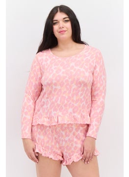 Sleep & Co Women 2 Pcs Plus Size Tie Dye Long Sleeve Top And Shorts Pajama Sets, Pink  - Image 1