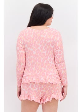 Sleep & Co Women 2 Pcs Plus Size Tie Dye Long Sleeve Top And Shorts Pajama Sets, Pink  - Image 3