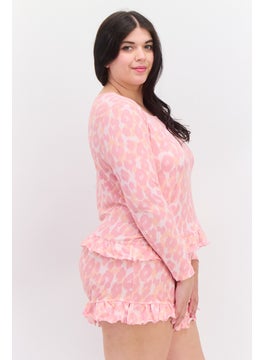 Sleep & Co Women 2 Pcs Plus Size Tie Dye Long Sleeve Top And Shorts Pajama Sets, Pink  - Image 2