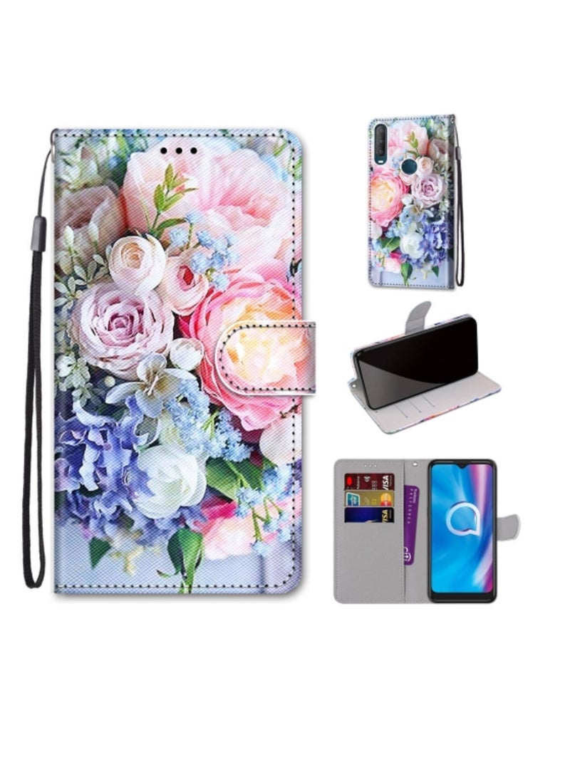 Case for Alcatel 1S 2020 3L 12020 Coloured Drawing Cross Texture Horizontal Flip PU Leather Case with Holder and Card Slots and Wallet and Lanyard Light Pink Bouquet  - Image 1