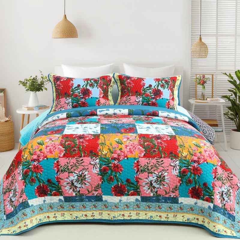 EVENHUG 100% Cotton Patchwork Quilt King Size Set Lightweight Floral King Quilts Bedding Set Bedspread Coverlet Reversible Bed Cover with Pillow Shams for All Seasons 3 Pieces (106"X96") - Image 5