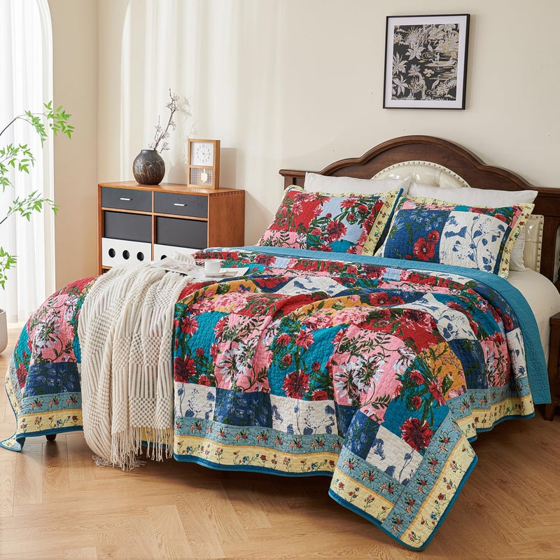 EVENHUG 100% Cotton Patchwork Quilt King Size Set Lightweight Floral King Quilts Bedding Set Bedspread Coverlet Reversible Bed Cover with Pillow Shams for All Seasons 3 Pieces (106"X96") - Image 2