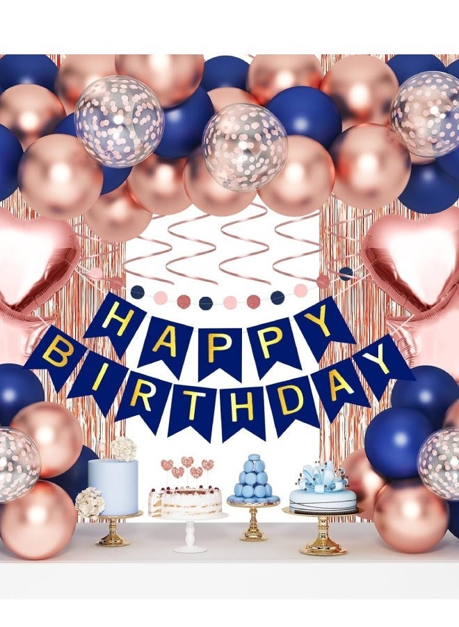 فَرَحُوم زينة حفلة عيد ميلاد باللونين الروز جولد والأزرق، مجموعة تزيين مكونة من 58 قطعة تشمل لافتة "عيد ميلاد سعيد"، بالونات كونفيتي بحجم 12 بوصة، بالونات معدنية باللون الروز جولد والأزرق بحجم 12 بوصة، بالونات على شكل قلب ونجمة، ستارة شريطية ودوامات معلقة، شريط، نقاط لاصقة وزينة كيك لحفلات عيد الميلاد للنساء، الفتيات، الرجال والأولاد، أو حفلات الأميرة. - Image 1