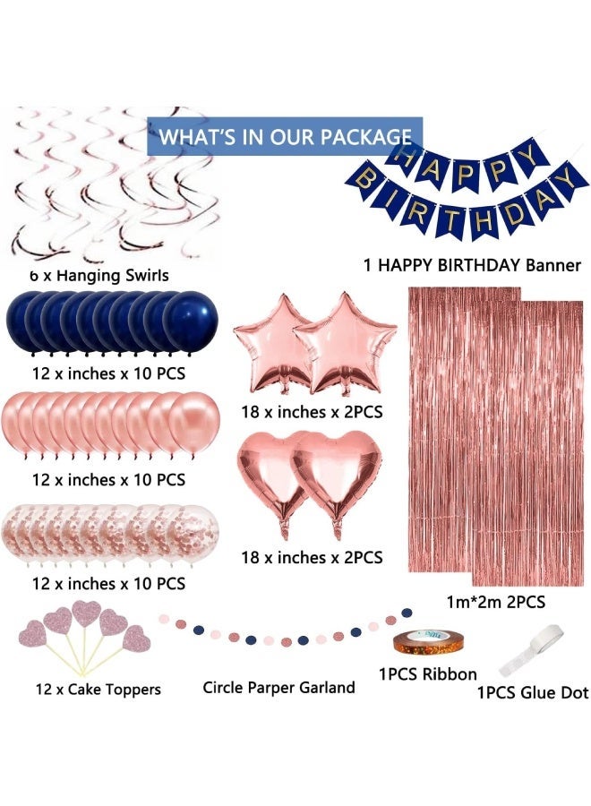 فَرَحُوم زينة حفلة عيد ميلاد باللونين الروز جولد والأزرق، مجموعة تزيين مكونة من 58 قطعة تشمل لافتة "عيد ميلاد سعيد"، بالونات كونفيتي بحجم 12 بوصة، بالونات معدنية باللون الروز جولد والأزرق بحجم 12 بوصة، بالونات على شكل قلب ونجمة، ستارة شريطية ودوامات معلقة، شريط، نقاط لاصقة وزينة كيك لحفلات عيد الميلاد للنساء، الفتيات، الرجال والأولاد، أو حفلات الأميرة. - Image 2