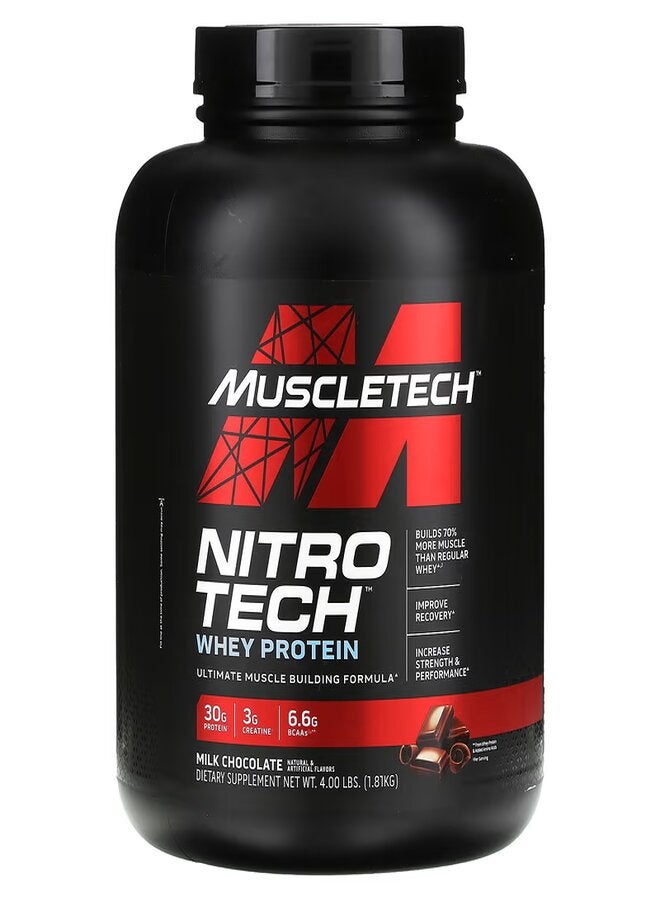 MuscleTech Nitro-Tech Whey Protein Powder, 30g Protein, 3g Creatine, 6.6g BCAAs, Clinically Studied Formula, Milk Chocolate, 1.81kg (4Lb), 40 Servings - Image 1