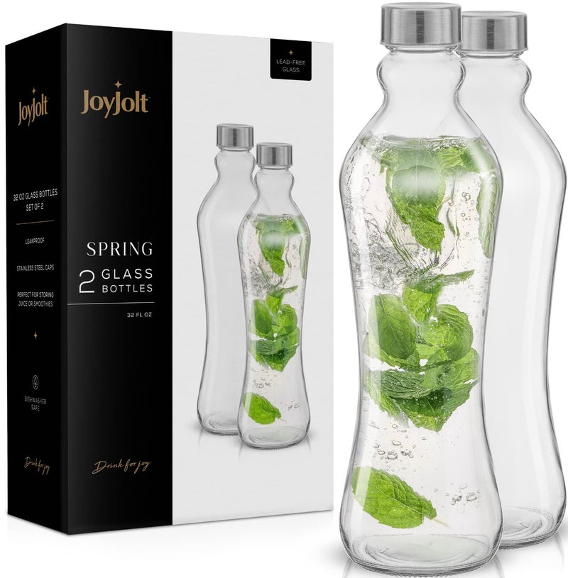 JoyJolt JoyJolt Glass Water Bottles - 2pc Glass Water Bottle Set. 32 oz Water Bottles, Clear Glass Bottles with Lids (Stainless Steel, Leakproof Seal). 1 Liter Water Bottles for Juicing or Iced Tea Bottle  - Image 1