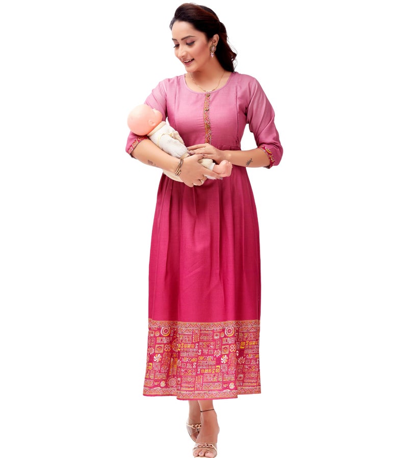 RITIJYA Feeding Kurtis for Women with Zip | Relaxed Fit Maternity Gown Pregnancy Dress for Nursing Mothers | Viscose Rayon | Maternity Wear Feeding Dress Tops (3XL, Pink,9013_46) - Image 1