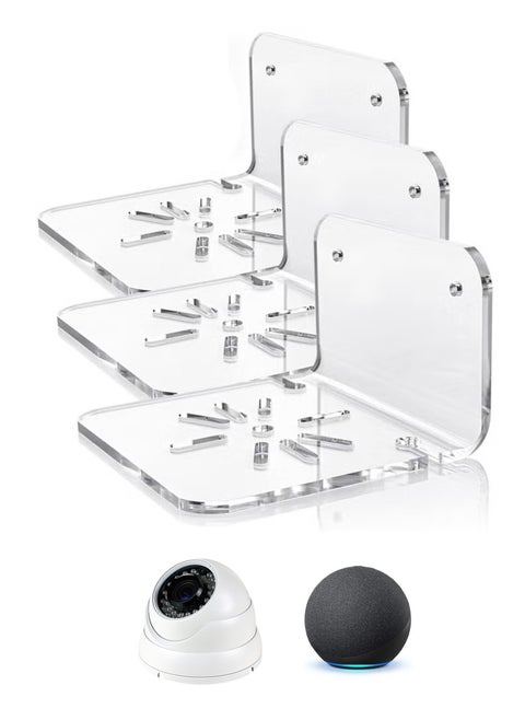 Clear Acrylic Wall Shelf Set of 3 – No-Drill Adhesive Mount for Security Cameras, Baby Monitors, Speakers – Easy Installation with Cable Clips