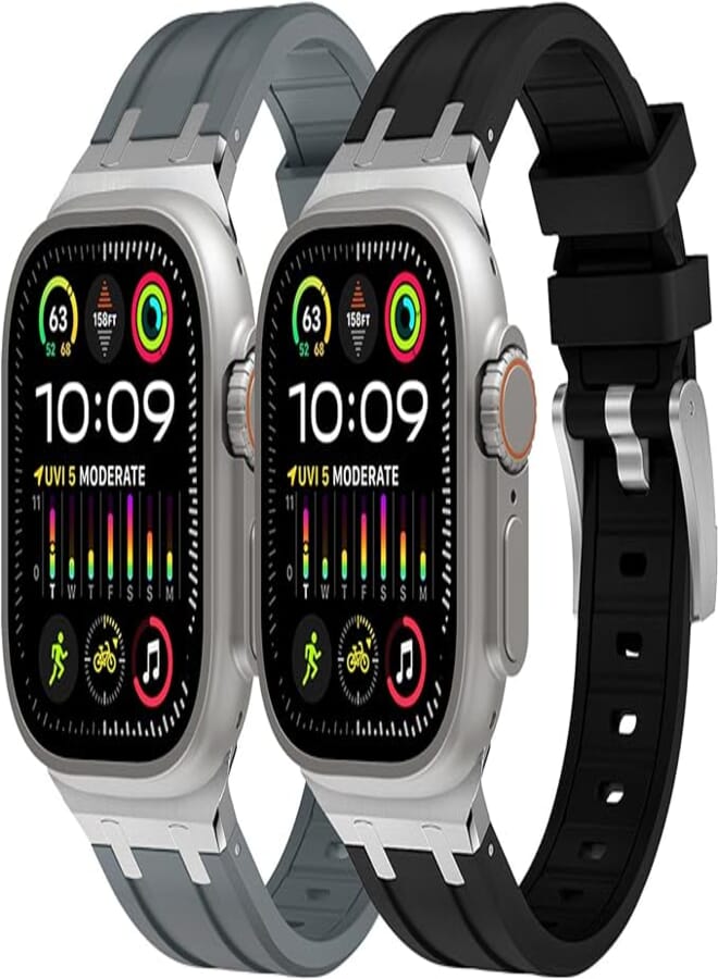 WINGLE 2 Pack for Apple Watch Ultra 2 Band 49mm 45mm 44mm 42mm for Men، أشرطة مطاطية من السيليكون السائل لـ iWatch Ultra/Ultra 2 Series 9 8 7 6 5 4 SE بتصميم فاخر مع محول من الفولاذ المقاوم للصدأ