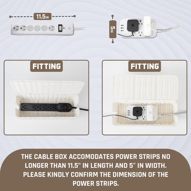 Cantalop Cable Management Box, Handmade Rattan Cable Organizer with 2 Open Slots, Cord Hider for Power Strip, Router & USB Hub, Registered U.S. Design Patent (D1,112,102), 13" x 5.1" x 5.1", White - Image 3