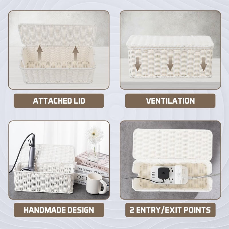 Cantalop Cable Management Box, Handmade Rattan Cable Organizer with 2 Open Slots, Cord Hider for Power Strip, Router & USB Hub, Registered U.S. Design Patent (D1,112,102), 13" x 5.1" x 5.1", White - Image 5