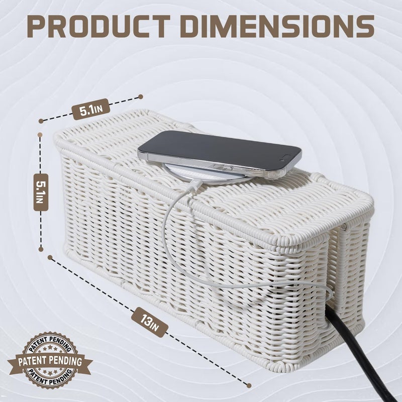 Cantalop Cable Management Box, Handmade Rattan Cable Organizer with 2 Open Slots, Cord Hider for Power Strip, Router & USB Hub, Registered U.S. Design Patent (D1,112,102), 13" x 5.1" x 5.1", White - Image 2