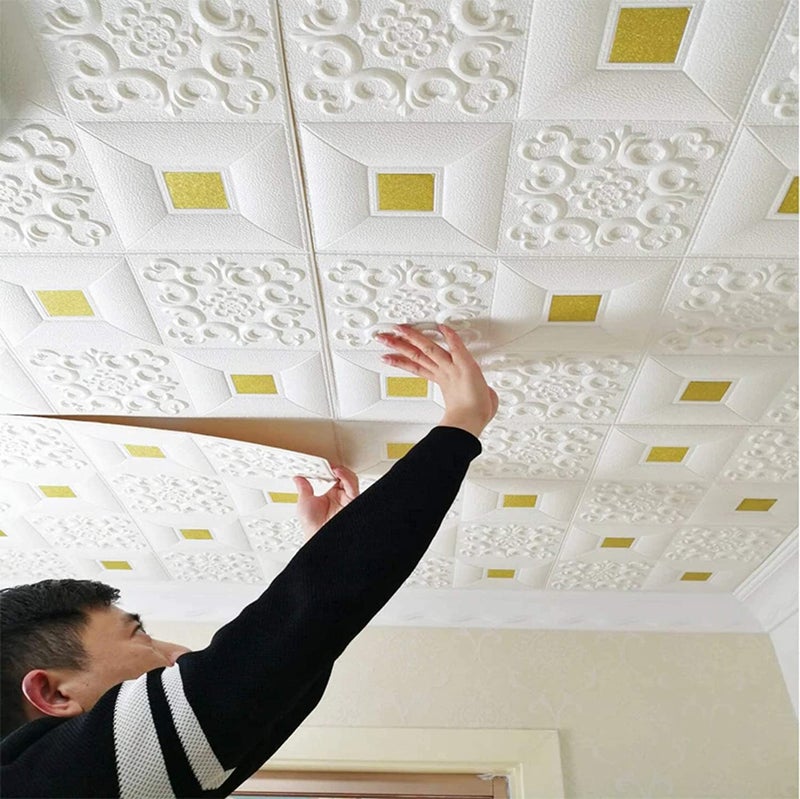 Barebeauty Foam 3D Ceiling Wallpaper for Living Room,Bedroom,Hall,Home Wall Tiles Panel,False Roof Ceiling Self-Adhesive Stickers (70 X 70 Cm) (3D-Brick White Gold, Pack of 2) - Image 1