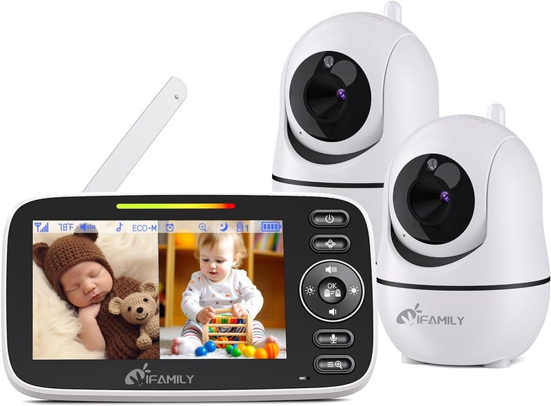 iFamily مراقب الأطفال iFamily بشاشة مقسمة كبيرة مع فيديو ومراقبة صوتية مع كاميرتين ونطاق بعيد وتحريك وإمالة ورؤية ليلية ومستشعر درجة الحرارة وميزة التحدث ثنائي الاتجاه وساعة تغذية وأغاني مهدئة - Image 1