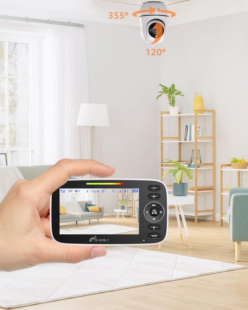 iFamily مراقب الأطفال iFamily بشاشة مقسمة كبيرة مع فيديو ومراقبة صوتية مع كاميرتين ونطاق بعيد وتحريك وإمالة ورؤية ليلية ومستشعر درجة الحرارة وميزة التحدث ثنائي الاتجاه وساعة تغذية وأغاني مهدئة - Image 3