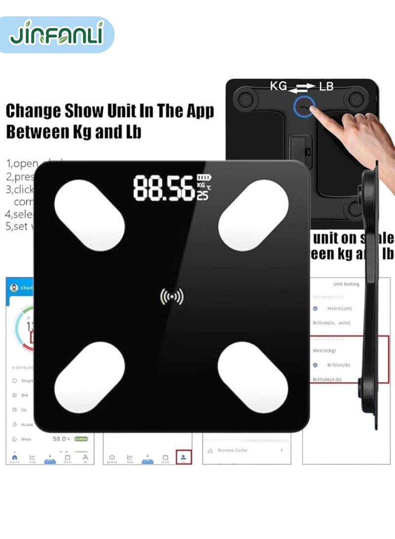 جين فان ل أنا ميزان ذكي لقياس وزن الجسم، ميزان حمام رقمي مزود بتقنية البلوتوث، ميزان دهون الجسم، ١٢ قياسًا، الوزن/دهون الجسم/مؤشر كتلة الجسم، تحليل تكوين الجسم للياقة البدنية، أسود، رطل/كجم، للاستخدام المنزلي والصالة الرياضية واليومي - Image 4