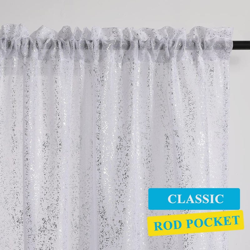 TERLYTEX TERLYTEX Silver White Sheer Curtains 45 Inch Length for Bedroom  Rod Pocket Chic Metallic Silver Foil Spots Print Sparkle Shiny Sheer Curtains 2 Panels Set for Windows  52 x 45 Inch  White Silver - Image 3