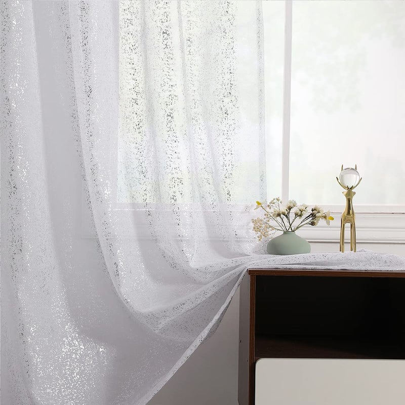 TERLYTEX TERLYTEX Silver White Sheer Curtains 45 Inch Length for Bedroom  Rod Pocket Chic Metallic Silver Foil Spots Print Sparkle Shiny Sheer Curtains 2 Panels Set for Windows  52 x 45 Inch  White Silver - Image 1