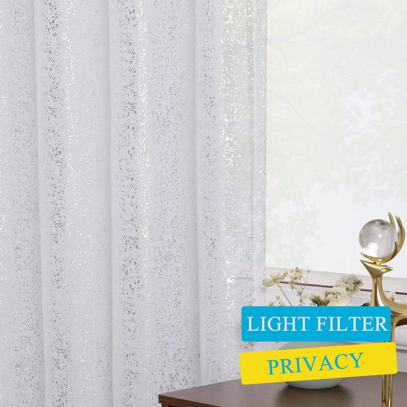 TERLYTEX TERLYTEX Silver White Sheer Curtains 45 Inch Length for Bedroom  Rod Pocket Chic Metallic Silver Foil Spots Print Sparkle Shiny Sheer Curtains 2 Panels Set for Windows  52 x 45 Inch  White Silver - Image 4