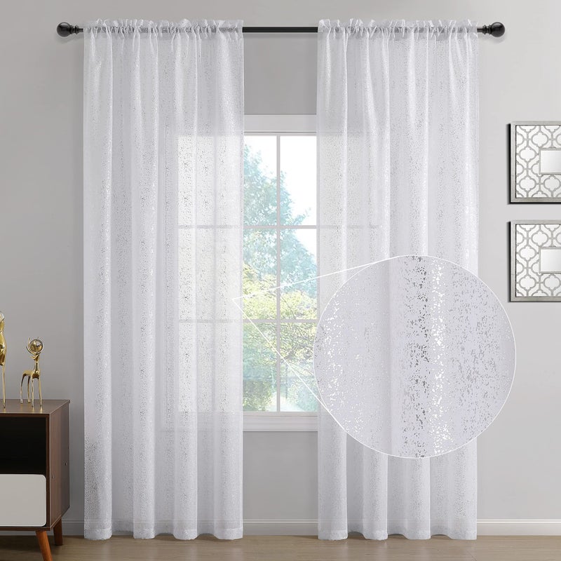 TERLYTEX TERLYTEX Silver White Sheer Curtains 45 Inch Length for Bedroom  Rod Pocket Chic Metallic Silver Foil Spots Print Sparkle Shiny Sheer Curtains 2 Panels Set for Windows  52 x 45 Inch  White Silver - Image 2