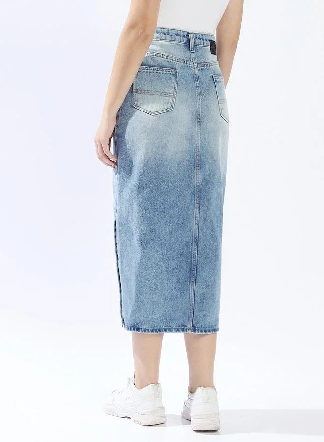 Hubberholme Pure Cotton Straight Midi Denim Side Slit Skirts
