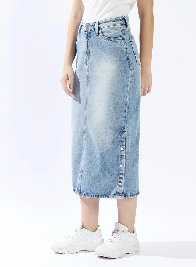 Hubberholme Pure Cotton Straight Midi Denim Side Slit Skirts