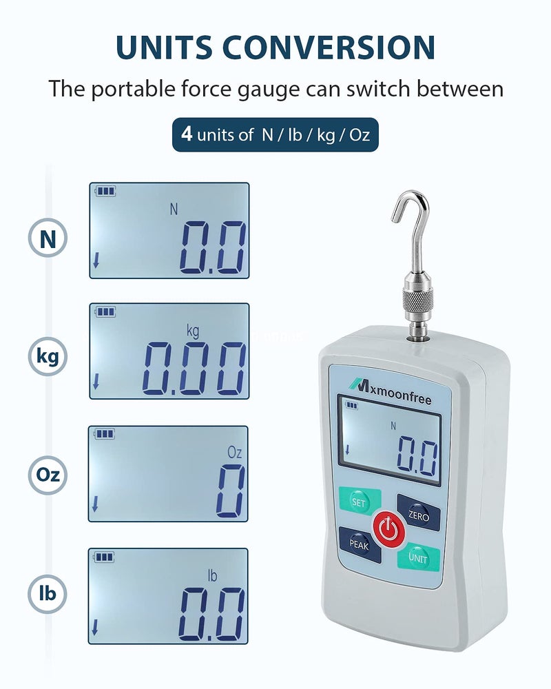 Mxmoonfree 500N Digital Force Gauge Push Pull Gauge Portable Force Meter with Units N/LB/Kg/Oz, Storage Case, Auto Backlit LCD, Auto Power-Off for Teaching School Lab Mechanical Physics (ZMF-500N) - Image 2