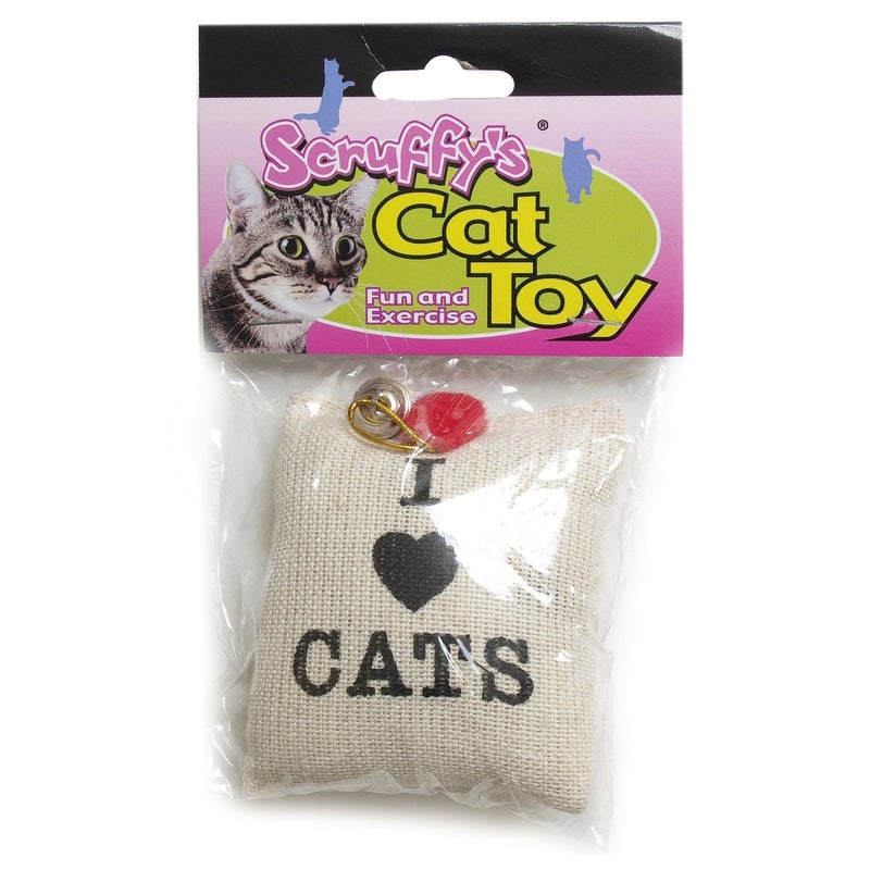 Boss Pet Scruffys Catnip I Love Cats Catnip Burlap Sack with Bell and Heart Cat Toy - Image 2