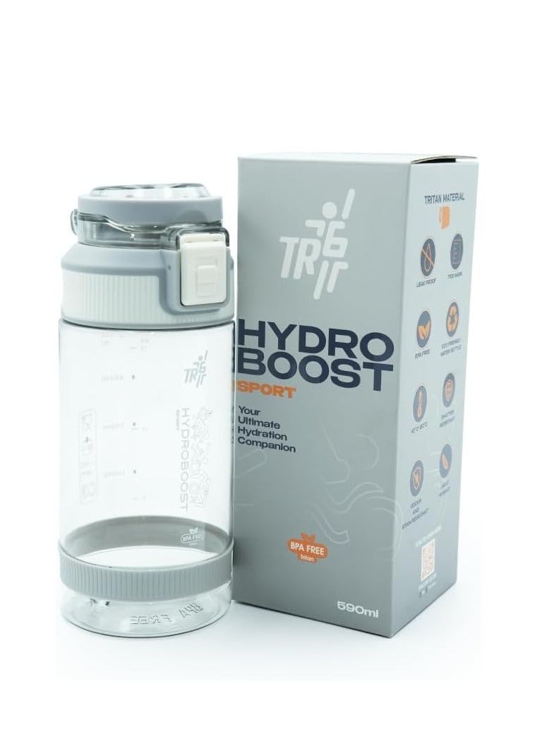 زجاجة مياه رياضية شفافة  Hydra Boost سعة 580 مل، خالية من مادة BPA، مقاومة للتسرب، بغطاء قابل للطي، مقاومة للحرارة من 10 إلى 80 درجة مئوية، مزودة بحامل، مناسبة للرياضة والمكتب والسفر والمدرسة والاستخدام اليومي. (بيضاء، 580 مل)
