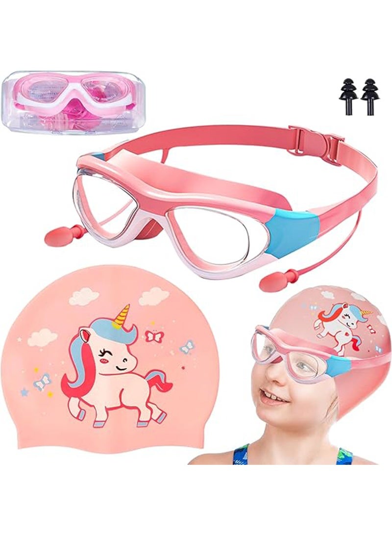 Topyich Swimming Goggles with Earplug, Swim Cap for Kids, Silicone Cartoon Swim Cap, No Leaking Soft Silicone Protection Lenses Waterproof Goggles for Children  - Image 1