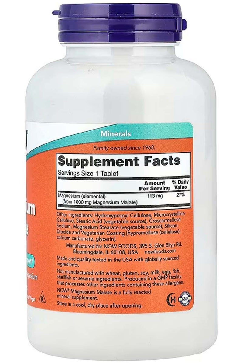 now Magnesium Dietary Supplement Magnesium Malate, 1000 mg, 180 Tablets - Image 2