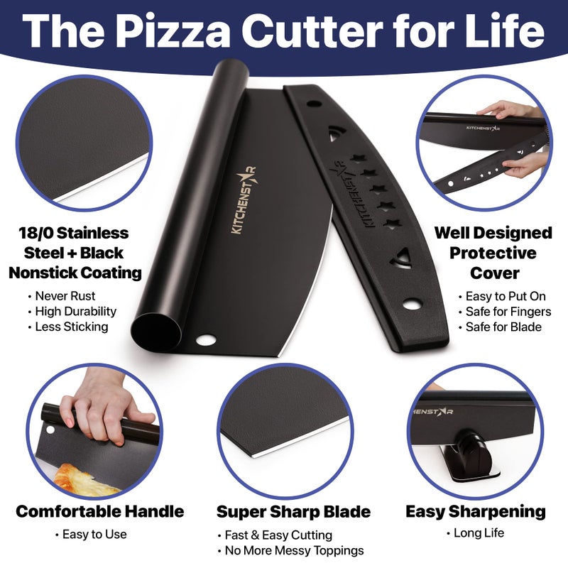 kitchen-star KitchenStar 12-Inch Pizza Cutter Rocker Blade - Sharp Stainless Steel Slicer Knife, Protective Cover, Black Nonstick, Small - Professional Pizza Oven Accessories - Image 3