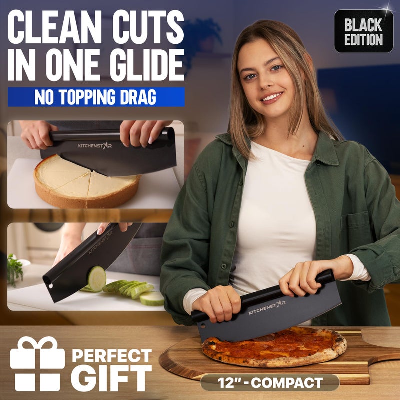 kitchen-star KitchenStar 12-Inch Pizza Cutter Rocker Blade - Sharp Stainless Steel Slicer Knife, Protective Cover, Black Nonstick, Small - Professional Pizza Oven Accessories - Image 2
