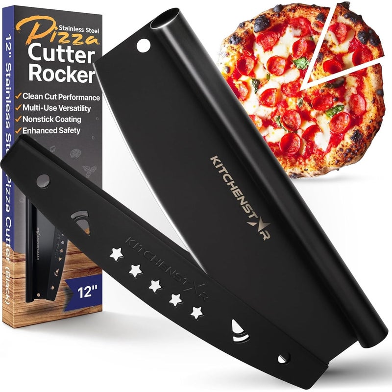 kitchen-star KitchenStar 12-Inch Pizza Cutter Rocker Blade - Sharp Stainless Steel Slicer Knife, Protective Cover, Black Nonstick, Small - Professional Pizza Oven Accessories - Image 1